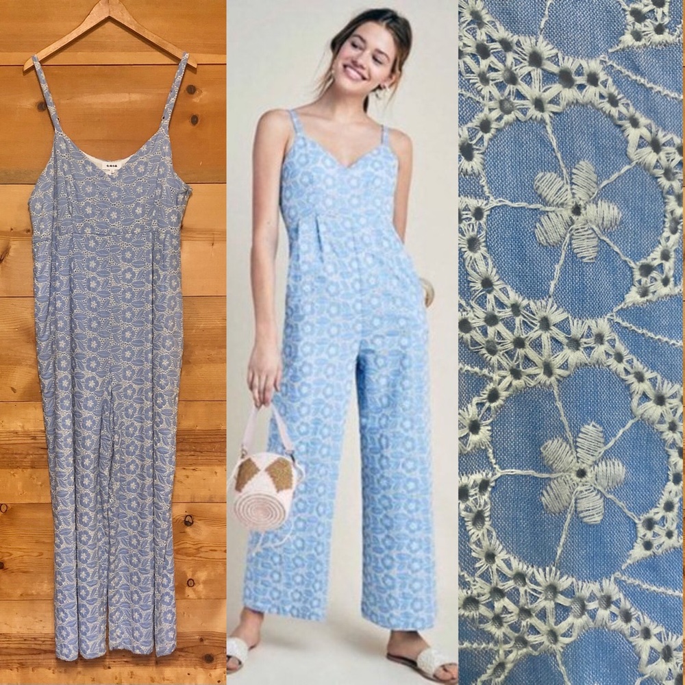 Laia blue eyelet embroidered sleeveless tank jumpsuit wide leg beachy boho